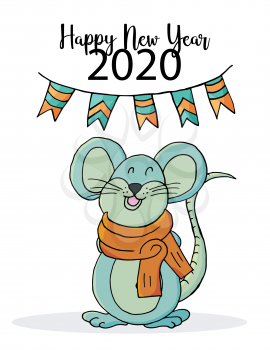 Happy new year. Cute mouse or rat, symbol of 2020. New Year greeting card, banner. Holiday poster, invitation. Vector style, eps 10