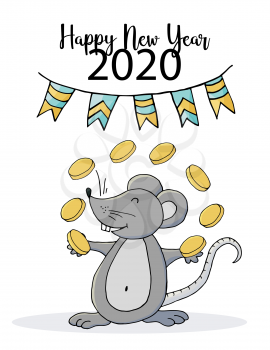 Happy new year. Cute mouse or rat, symbol of 2020. New Year greeting card, flyer, banner. Holiday poster, invitation. Vector style