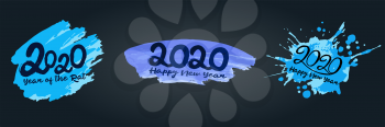 Set of 2020 typographic inscription on a blue background. Happy New Year 2020. Banner, flyer, Happy New Year. Bright brush strokes. Creative collection