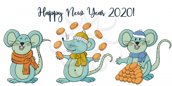 Year of the Rat. 2020 inscription on a white background. Happy New Year 2020. Banner, Symbol of the year. Three rats. Cartoon style
