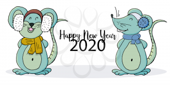 Year of the Rat. 2020 inscription on a white background. Happy New Year 2020. Cartoon style Banner. Symbol of the year. Two rats