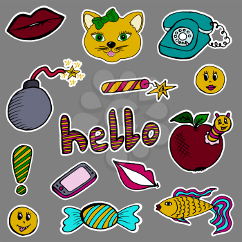 A set of fashion labels, badges. Old phone, lips, cat, bomb, firecracker, smiles, greetings, apple, caterpillar, sweet, fish, mobile phone, exclamation mark