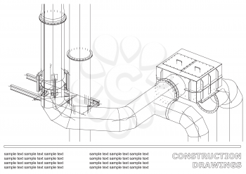 Construction drawings. 3D metal construction. Pipes, piping. Cover, background for text. Black and white