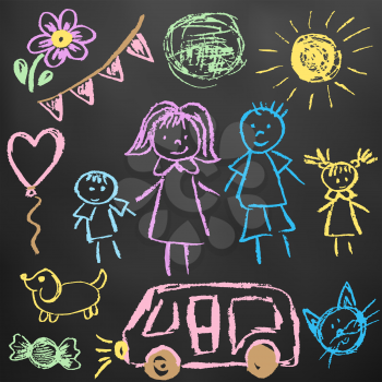 Children's drawings. Elements for the design of postcards, backgrounds, packaging. Color chalk on a blackboard. Family, sun, ball, dog, car, cat