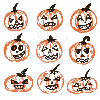 Halloween. A set of festive pumpkins. Vector illustration. A collection of funny faces. Autumn holidays. Fun
