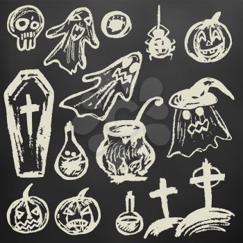 Halloween. A set of funny objects. White chalk on a blackboard. Collection of festive elements. Autumn holidays. Ghosts, pumpkins, eyes, coffin, potion, skull, spider, cemetery, cauldron