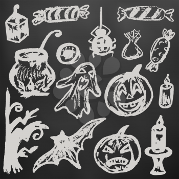 Halloween. A set of funny objects. White chalk on a blackboard. Collection of festive elements. Autumn holidays. Pumpkin, ghost, spider, candy, eye, cauldron, wood, bat, candle