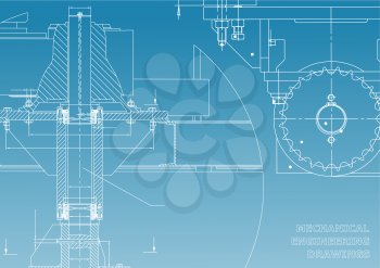 Blueprints. Mechanical engineering drawings. Cover. Banner. Technical Design. White and blue