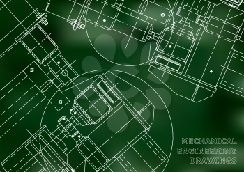 Blueprints. Mechanics. Cover. Mechanical Engineering drawing. Engineering design. Green