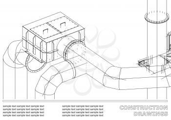 Drawings of steel structures. Pipes. 3d blueprint of steel structures. Cover, background for your design. White