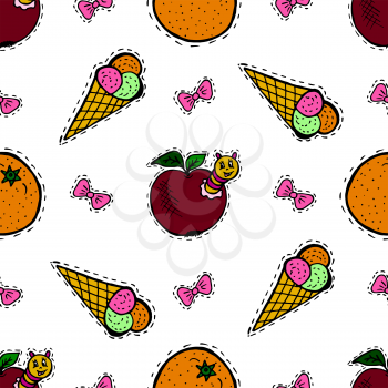 Kids, Cartoon seamless pattern. Lovely pictures for your creativity. Skarpbuking. Textiles, cartoon background. Ice cream, orange, apple with caterpillar, bows