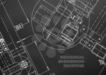 Mechanical Engineering drawing. Blueprints. Mechanics. Cover, background, banner. Black. Points
