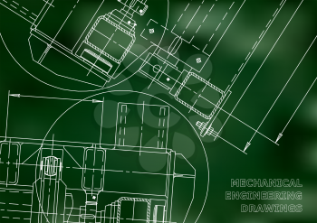 Mechanical Engineering drawing. Blueprints. Mechanics. Cover. Engineering design. Green