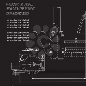 Mechanical engineering drawings on a black background