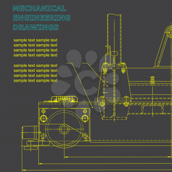 Mechanical engineering drawings on a gray background