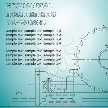 Mechanical engineering drawings on a light blue background. Blueprint