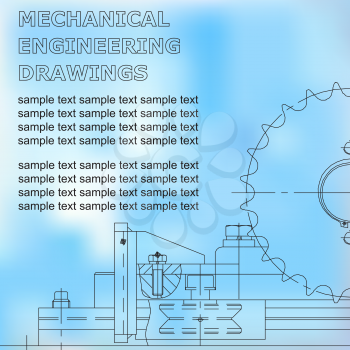 Mechanical engineering drawings on a white and blue background. Blueprint