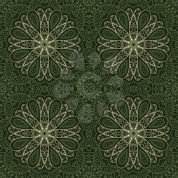 Seamless pattern doodle ornament. Green background. Ethnic motives. Zentangl