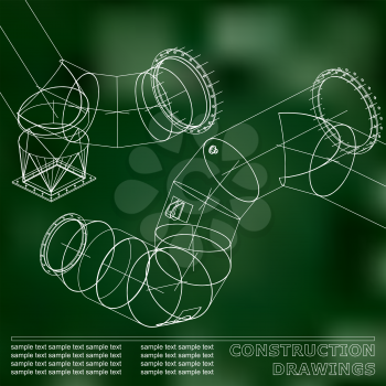 Green background. Drawings of steel structures. Pipes and pipe. 3d blueprint of steel structures. Background for your design