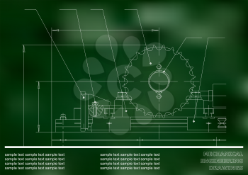 Mechanical drawings. Engineering illustration background. Green