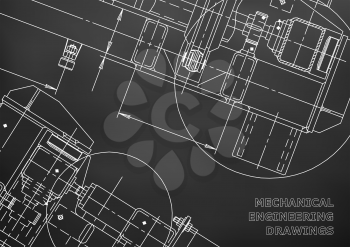 Mechanical Engineering drawing. Blueprints. Mechanics. Cover, background. Black