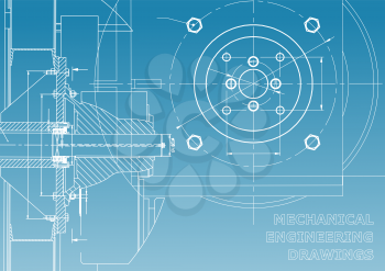 Technical illustration. Mechanical engineering. Backgrounds of engineering subjects. Technical design. Blue and white