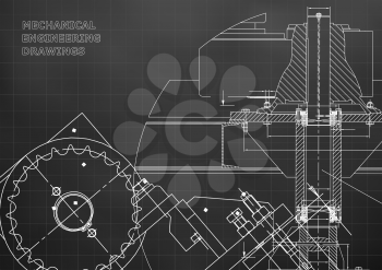 Blueprints. Mechanical drawings. Engineering illustrations. Technical Design. Banner. Black background. Grid