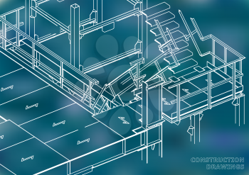 Building. Metal constructions. Volumetric constructions. 3D design. Abstract backgrounds. Blue background