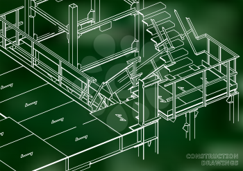 Building. Metal constructions. Volumetric constructions. 3D design. Abstract backgrounds. Green background