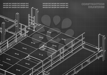 Building. Metal constructions. Volumetric constructions. 3D design. Abstract. Black background. Grid