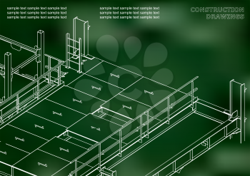 Building. Metal constructions. Volumetric constructions. 3D design. Abstract. Green background