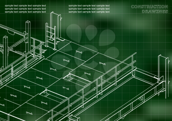 Building. Metal constructions. Volumetric constructions. 3D design. Abstract. Green background. Grid