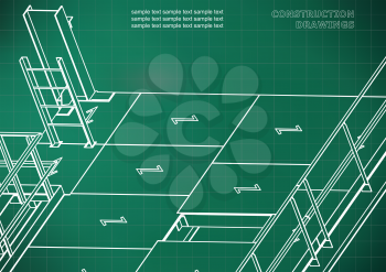 Building. Metal constructions. Volumetric constructions. 3D design. Light green background. Grid