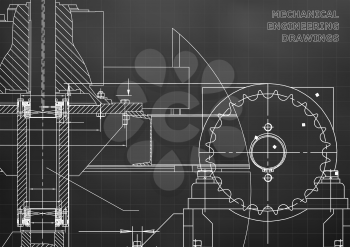 Engineering illustrations. Blueprints. Mechanical drawings. Technical Design. Banner. Black background. Grid