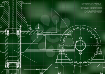 Engineering illustrations. Blueprints. Mechanical drawings. Technical Design. Banner. Green background. Grid