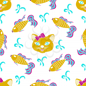 Kids, Cartoon seamless pattern. Original color drawings. Skarpbuking. Textiles, cartoon background. Cat, kitty, fish, goldfish, bows