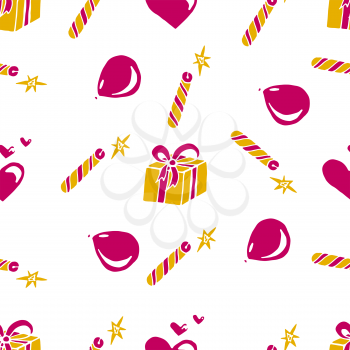 Kids, Cartoon seamless pattern. Original color drawings. Skarpbuking. Textiles, cartoon background. Celebratory background. Gifts, balloons, firecrackers