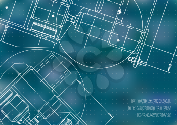 Mechanical Engineering drawing. Blueprints. Mechanics. Cover. Blue background. Points