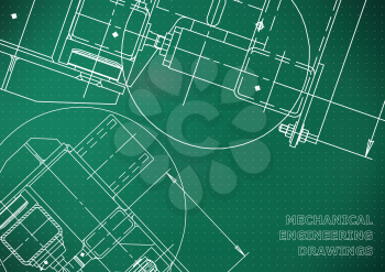 Mechanical Engineering drawing. Blueprints. Mechanics. Cover. Light green background. Points