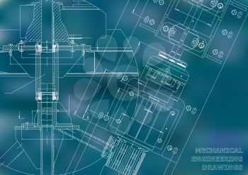Mechanical engineering drawings. Technical Design. Blueprints. Blue background