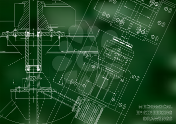 Mechanical engineering drawings. Technical Design. Blueprints. Green background