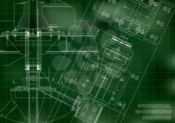Mechanical engineering drawings. Technical Design. Blueprints. Green background. Grid