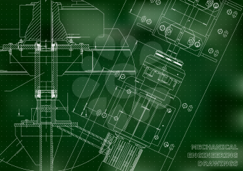 Mechanical engineering drawings. Technical Design. Blueprints. Green background. Points