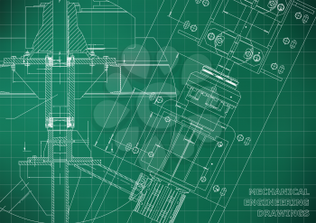 Mechanical engineering drawings. Technical Design. Blueprints. Light green background. Grid