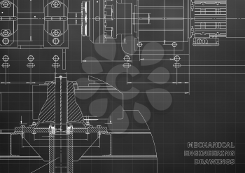 Mechanical engineering drawings. Technical Design. Engineering backgrounds. Blueprints. Black background. Grid