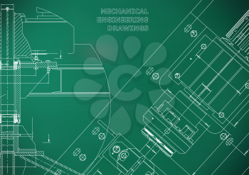 Mechanical engineering drawings. Technical Design. Instrument making. Blueprints. Light green background
