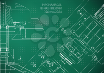 Mechanical engineering drawings. Technical Design. Instrument making. Blueprints. Light green background. Points