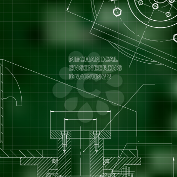 Mechanics. Technical design. Engineering style. Mechanical instrument making. Cover. Green background. Grid