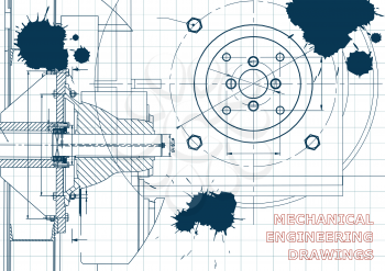 Technical illustration. Mechanical engineering. Backgrounds of engineering subjects. Technical design. Draft. Ink. Blots