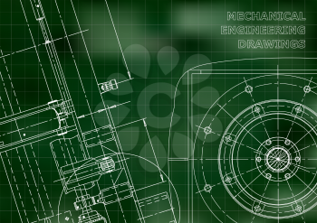 Blueprint. Vector drawing. Mechanical instrument making. Green background. Grid